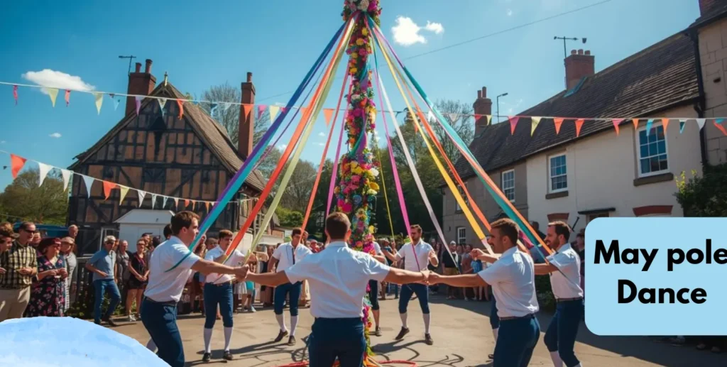 People dancing around a decorated maypole as part of Early May Bank Holiday festivities in the UK