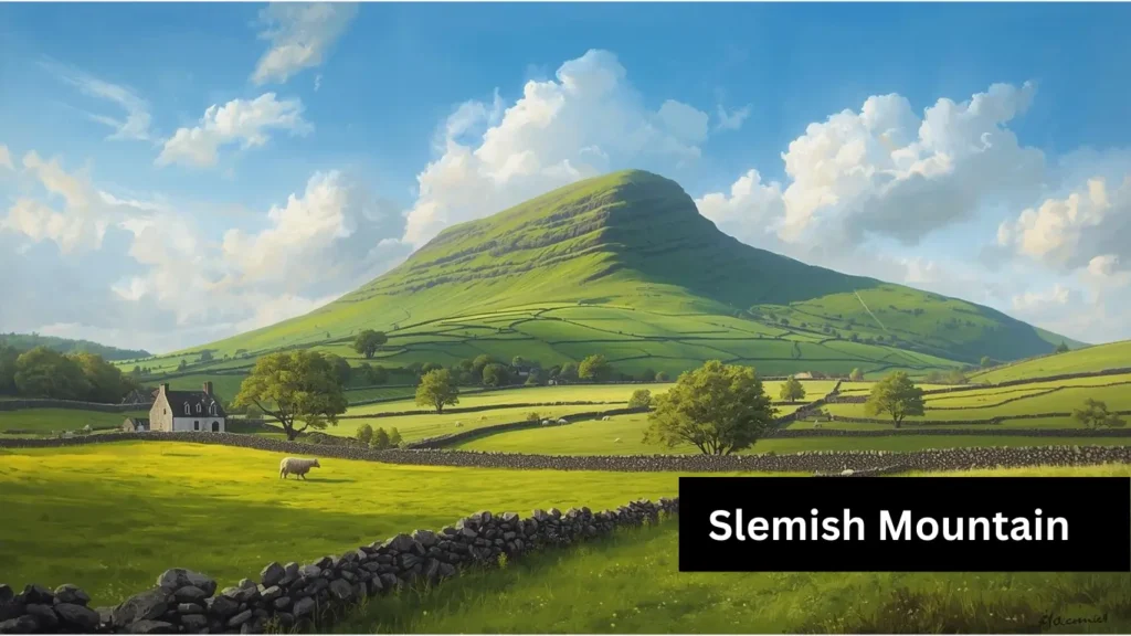 Slemish Mountain with green fields in County Antrim, Northern Ireland.